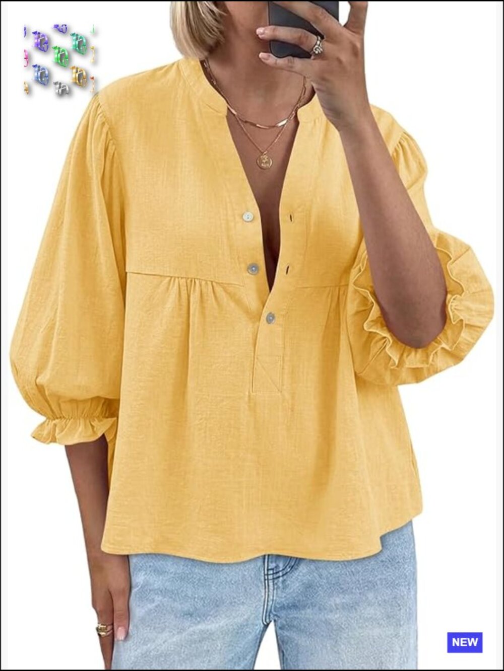 Puff Sleeve Babydoll Top V Neck Button Down Blouse Cute Casual Loose Fit Flowy